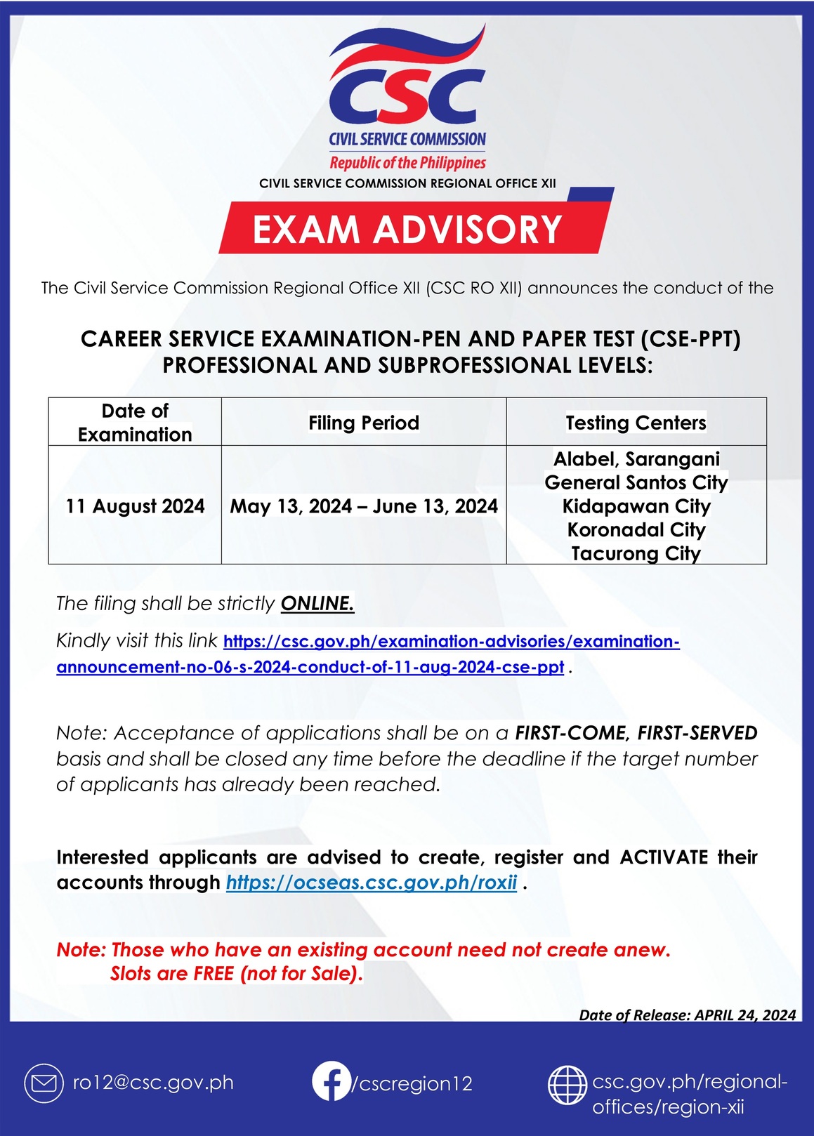 August 11 2024 Exam Advisory CSEPPT Final